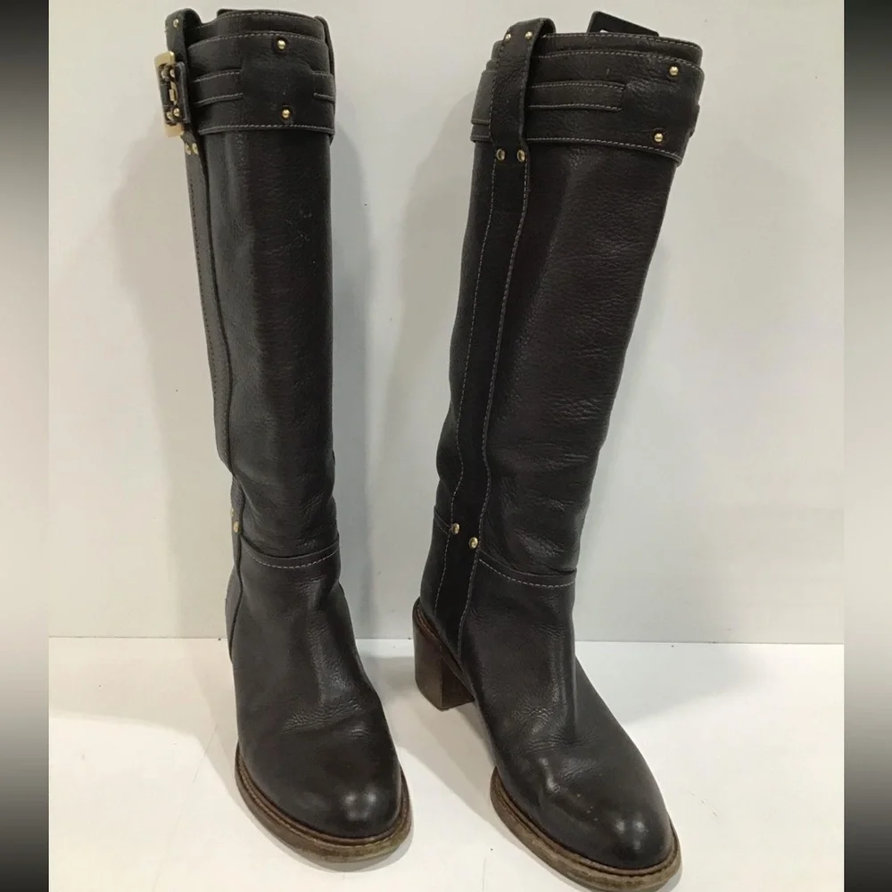 Women’s Chloe Paddington Elegant Brown Pebble Grain Leather Knee-High Boots 38.5